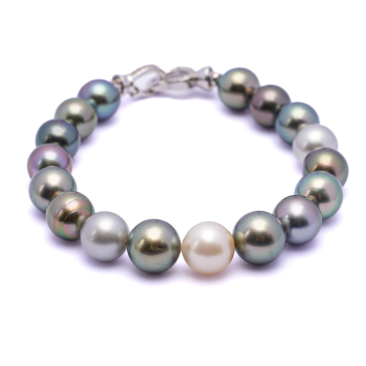 Multicolor Tahitian Pearl Bracelet with 9-10mm Pearls, 7.1-Inch Silver Chain.