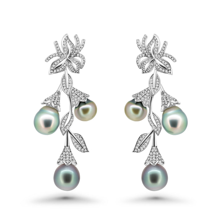 Elegant 925 Silver Floral-Style Tahitian Pearl Earrings. ref:SHM407 TH1