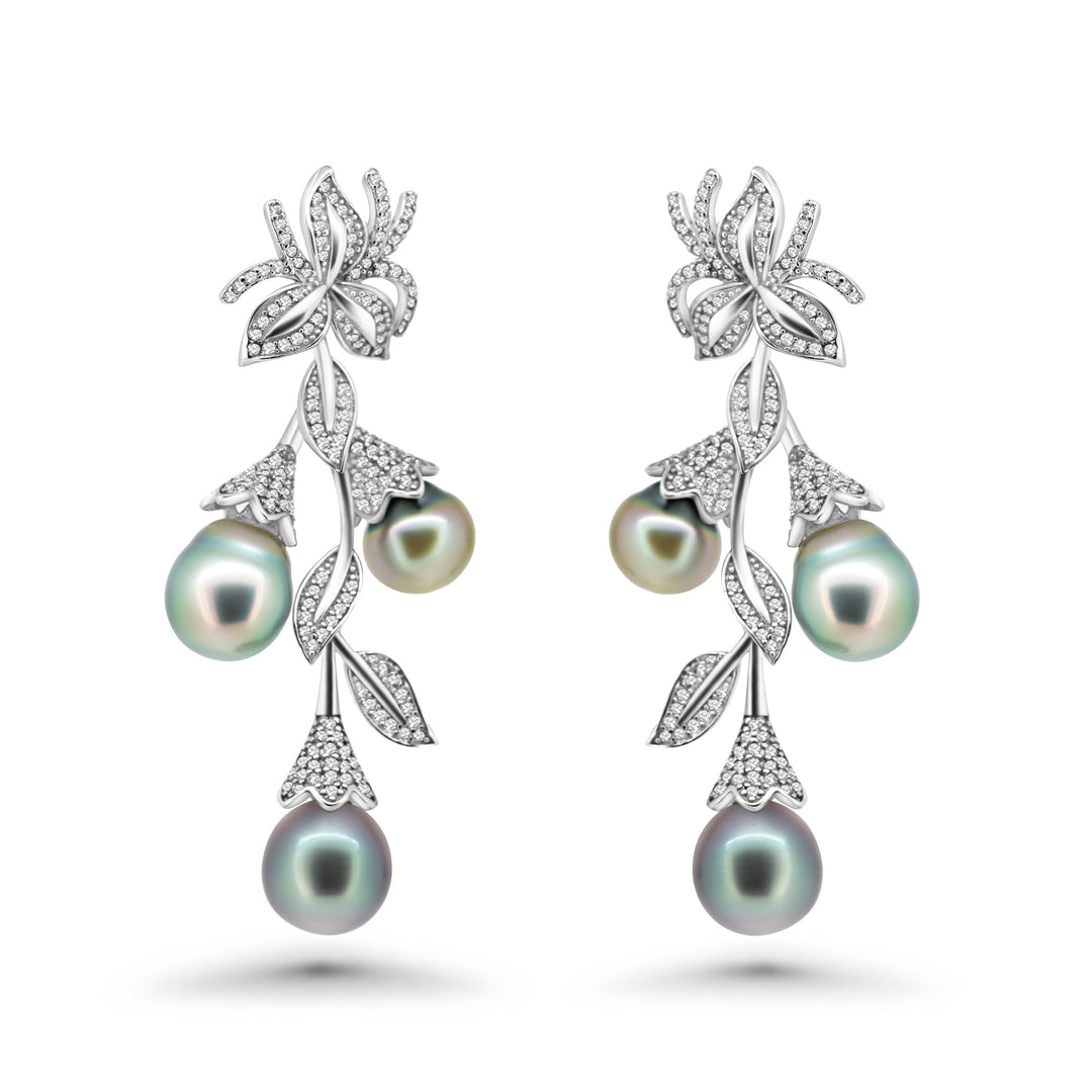 Elegant 925 Silver Floral-Style Tahitian Pearl Earrings.