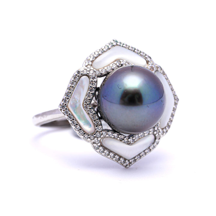 925 Silver Rhodium Tahitian Pearl Ring with 10mm Dark Pearl & Zirconia.