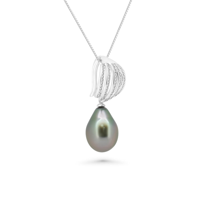 Elegant Floral Tahitian Pearl Necklace with 10mm Green Cherry Pearl & Zirconia Accents.