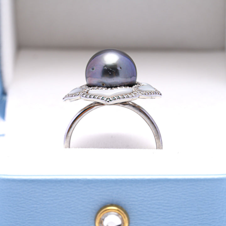 925 Silver Rhodium Tahitian Pearl Ring with 10mm Dark Pearl & Zirconia.