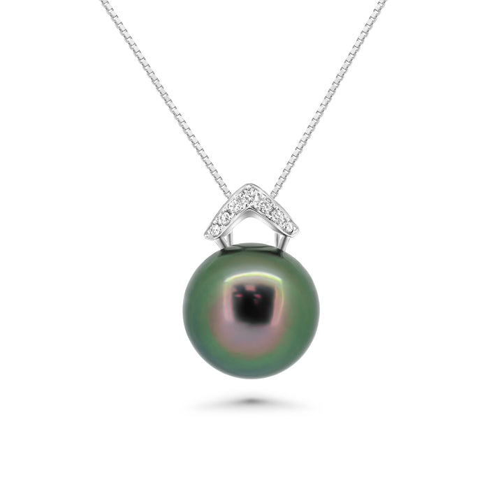 18K V-Shape Tahitian Pearl Pendant with Peacock Pearl & Diamond in 925 Silver.