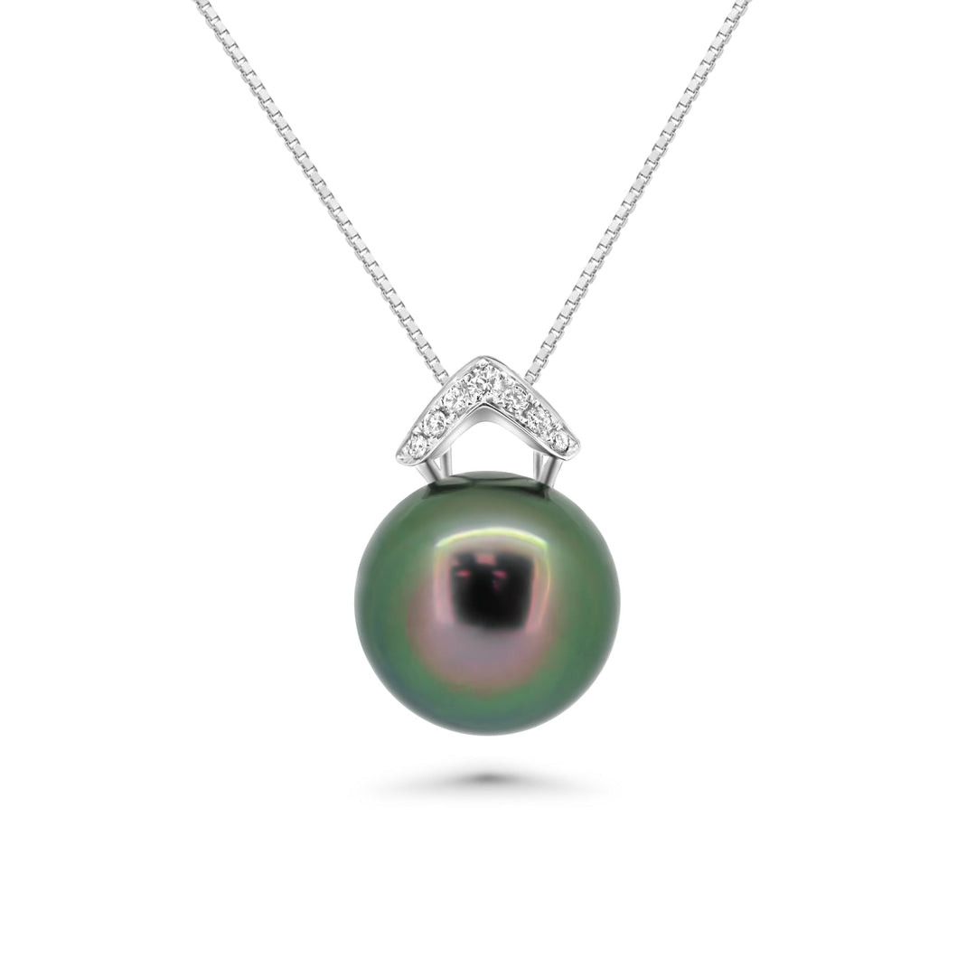 18K V-Shape Tahitian Pearl Pendant with Peacock Pearl & Diamond in 925 Silver