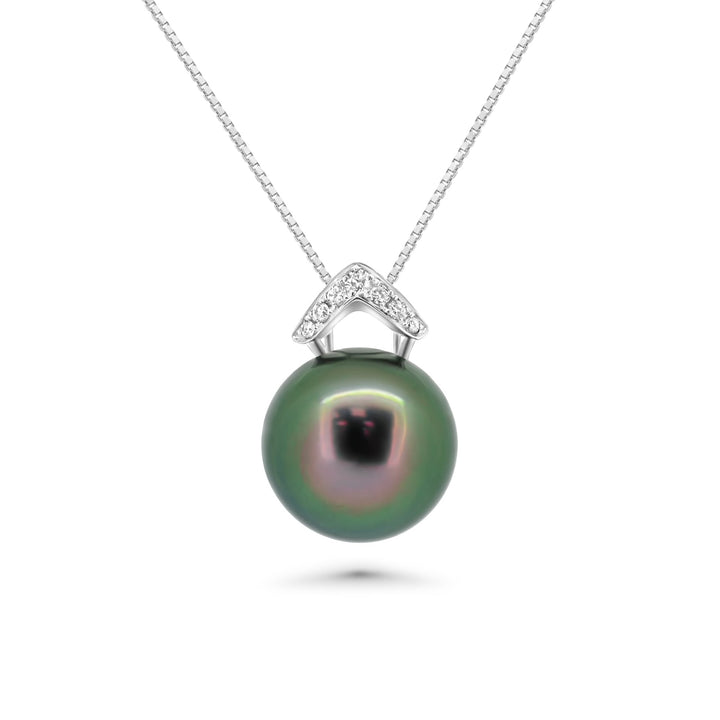 18K V-Shape Tahitian Pearl Pendant with Peacock Pearl & Diamond in 925 Silver