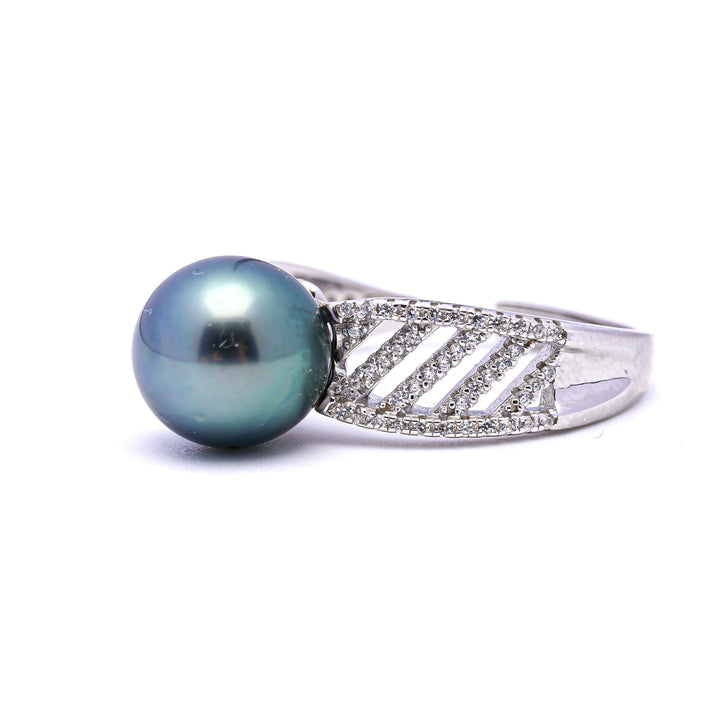 925 Silver Rhodium Ring with 9mm Green Tahitian Pearl & Zirconia.