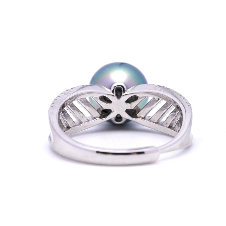 925 Silver Rhodium Ring with 9mm Green Tahitian Pearl & Zirconia.