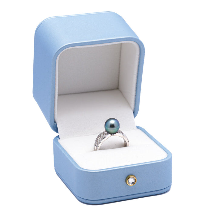 925 Silver Rhodium Ring with 9mm Green Tahitian Pearl & Zirconia.