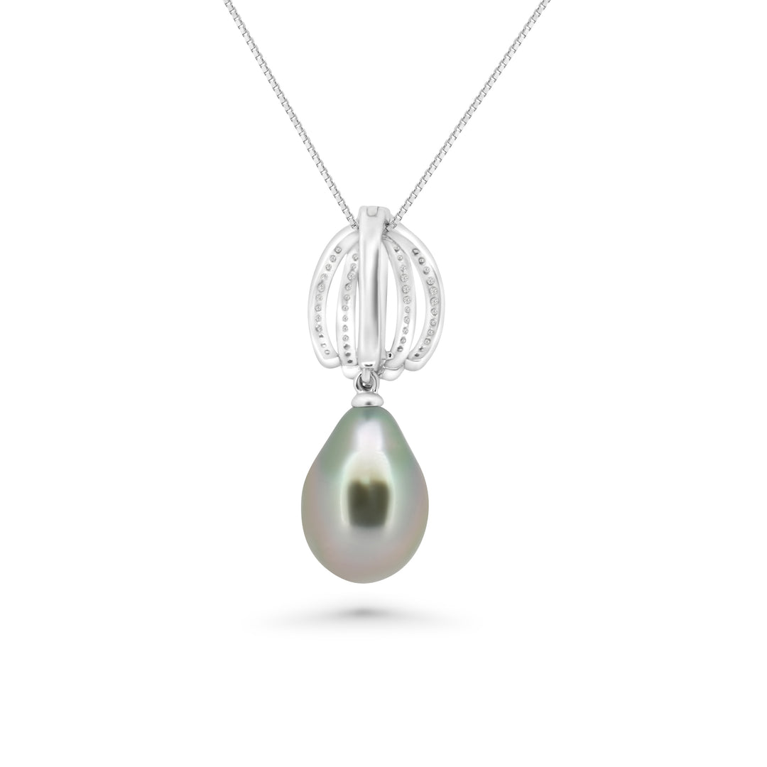 Elegant Floral Tahitian Pearl Necklace with 10mm Green Cherry Pearl & Zirconia Accents - SHM1068 OR8