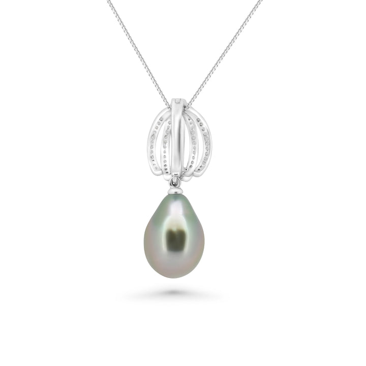 Elegant Floral Tahitian Pearl Necklace with 10mm Green Cherry Pearl & Zirconia Accents.