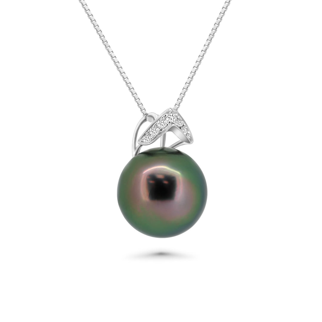 18K V-Shape Tahitian Pearl Pendant with Peacock Pearl & Diamond in 925 Silver