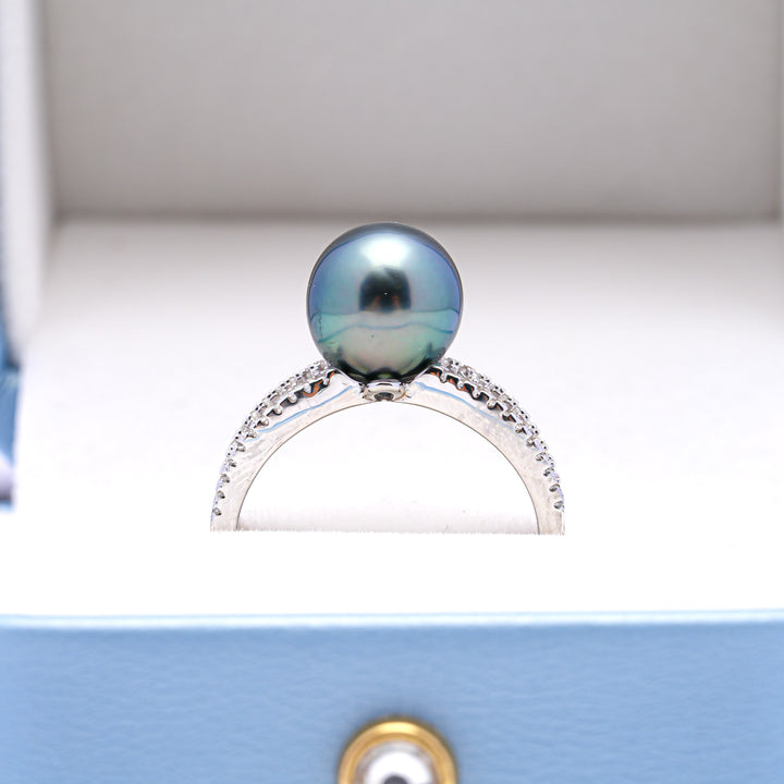 925 Silver Rhodium Ring with 9mm Green Tahitian Pearl & Zirconia. ref:SHM735 CMP1