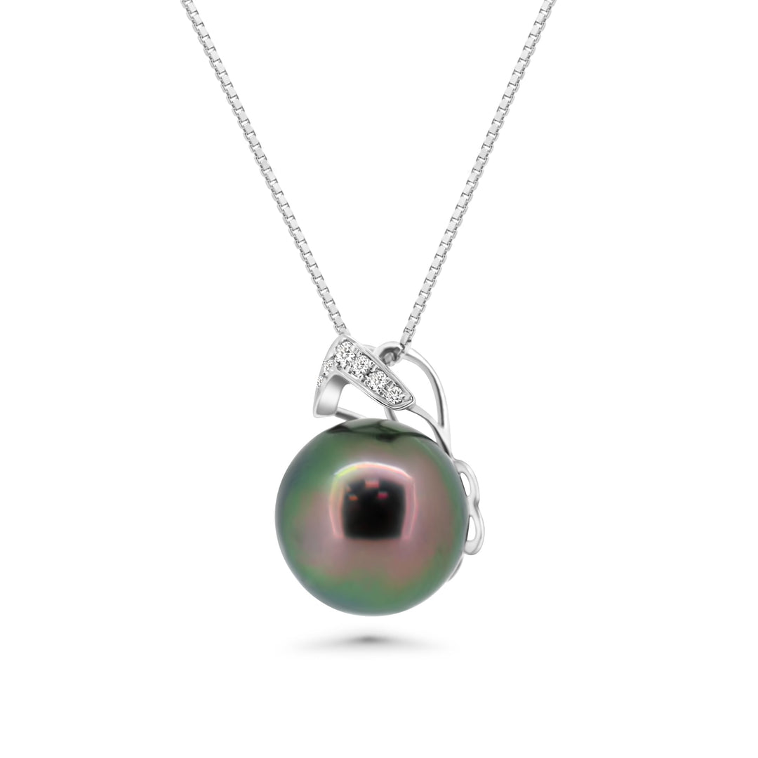 18K V-Shape Tahitian Pearl Pendant with Peacock Pearl & Diamond in 925 Silver.