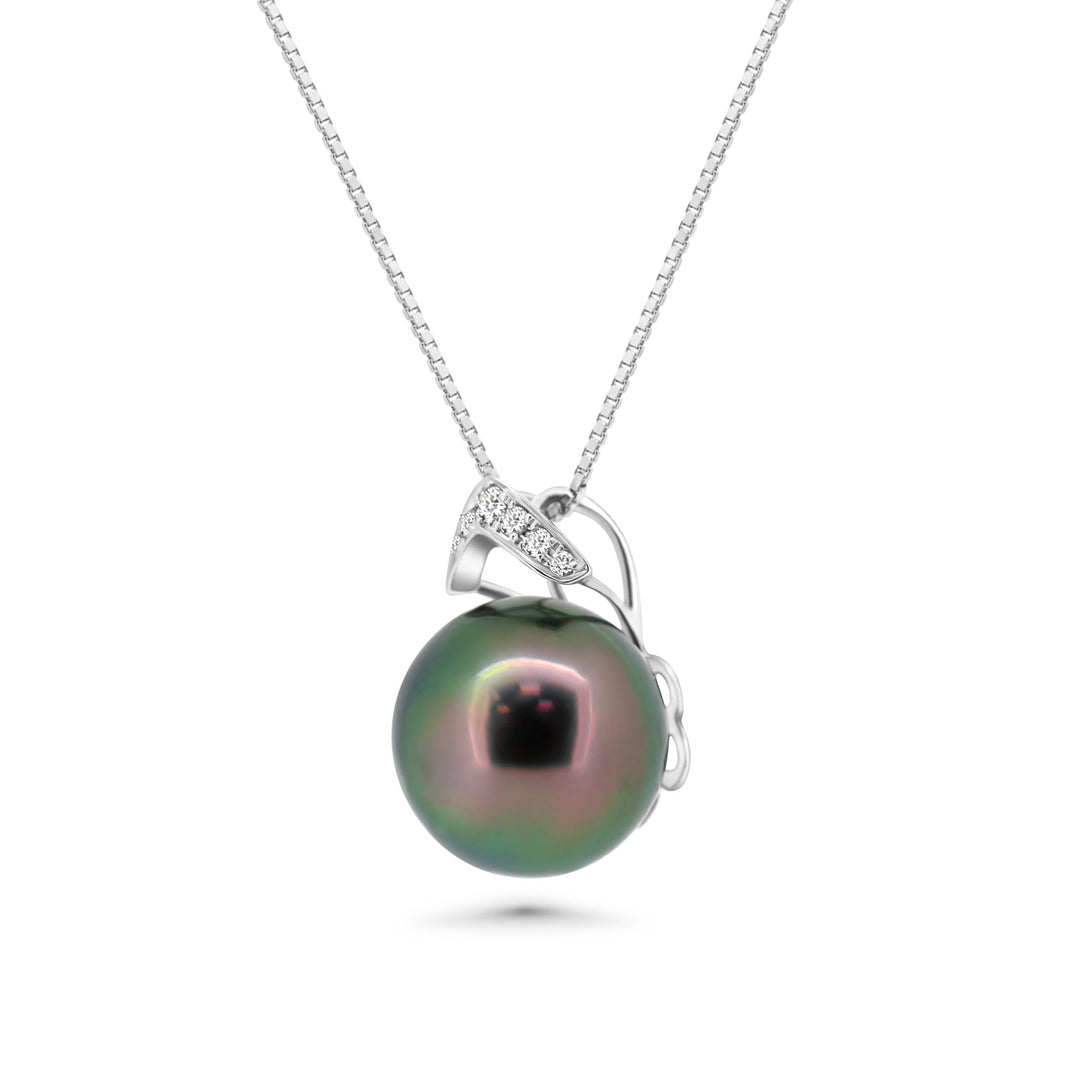 18K V-Shape Tahitian Pearl Pendant with Peacock Pearl & Diamond in 925 Silver