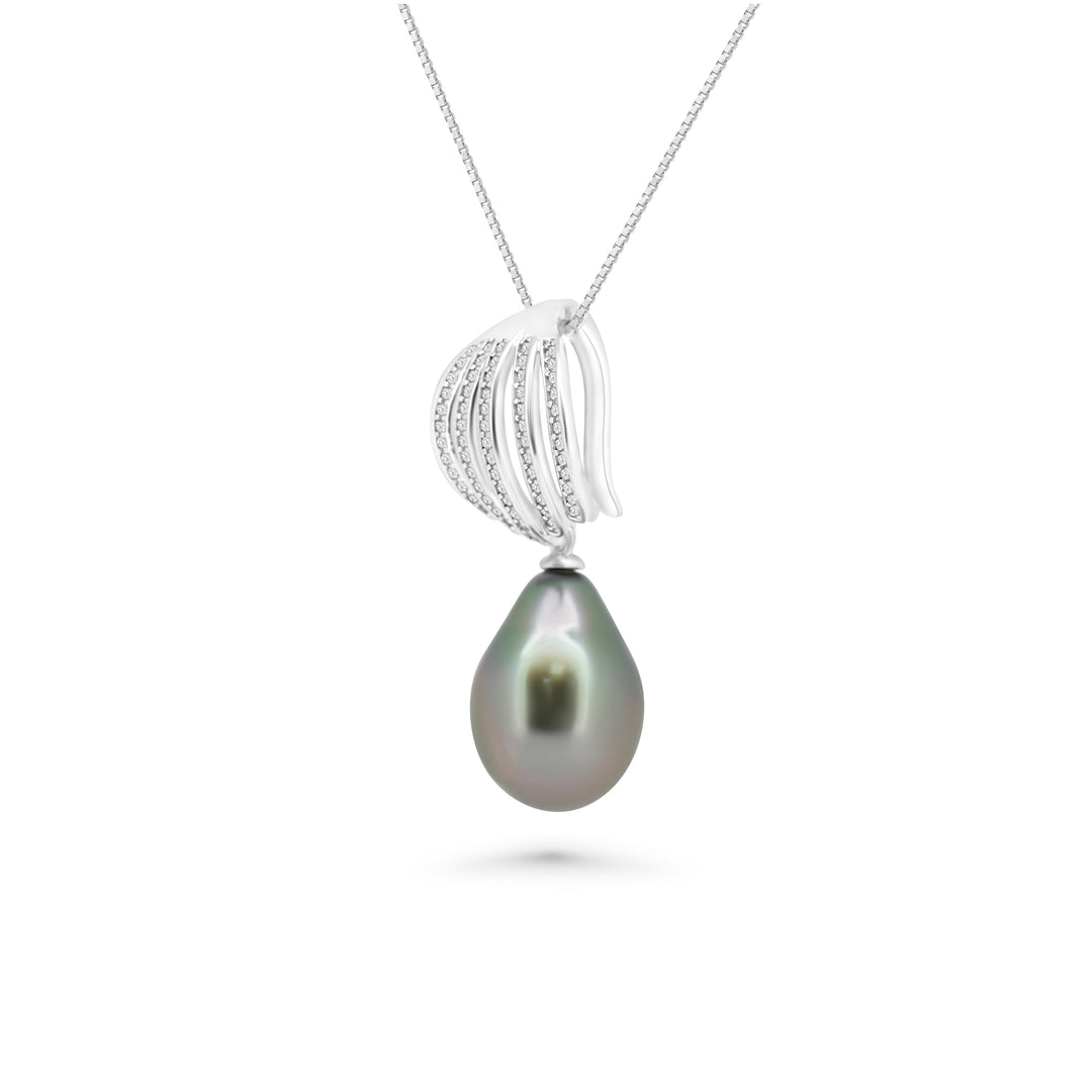 Elegant Floral Tahitian Pearl Necklace with 10mm Green Cherry Pearl & Zirconia Accents - SHM1068 OR8