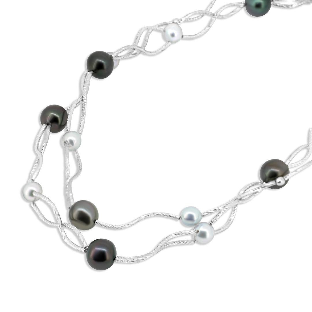 Stylish Tahitian Pearl Necklace with 7-11mm Mix Pearls on 925 Silver Rhodium Chain. ref:SHM1002 TH2