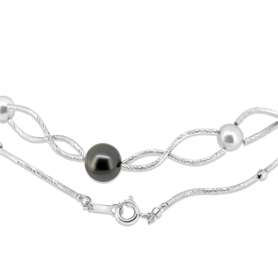 Stylish Tahitian Pearl Necklace with 7-11mm Mix Pearls on 925 Silver Rhodium Chain. ref:SHM1002 TH2