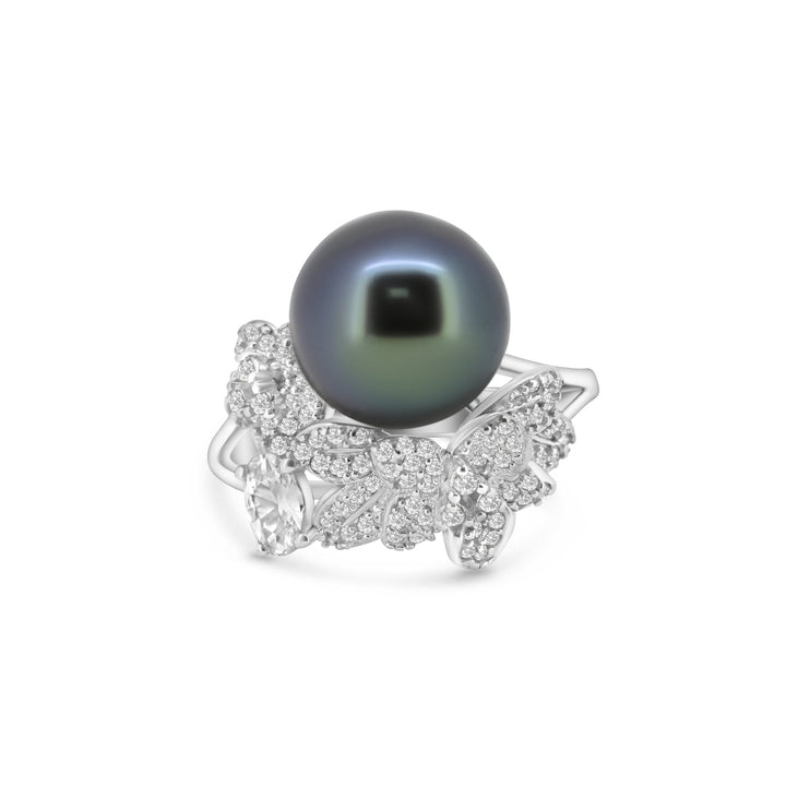 Dark Tahitian Pearl Ring in 925 Sterling Silver with Zirconia, Adjustable Size "Floral Party".