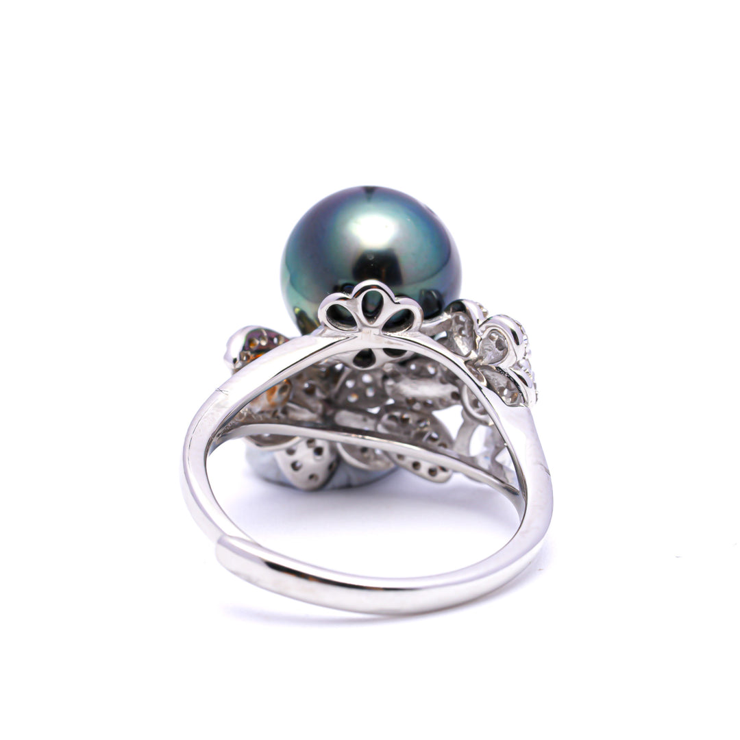 925 Silver Rhodium Tahitian Pearl Ring with 9mm Peacock Green Pearl. ref:SHM773 TH2