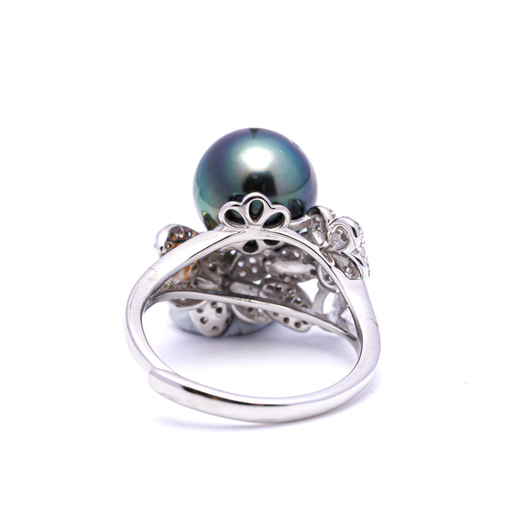 925 Silver Rhodium Tahitian Pearl Ring with 9mm Peacock Green Pearl. ref:SHM773 TH2