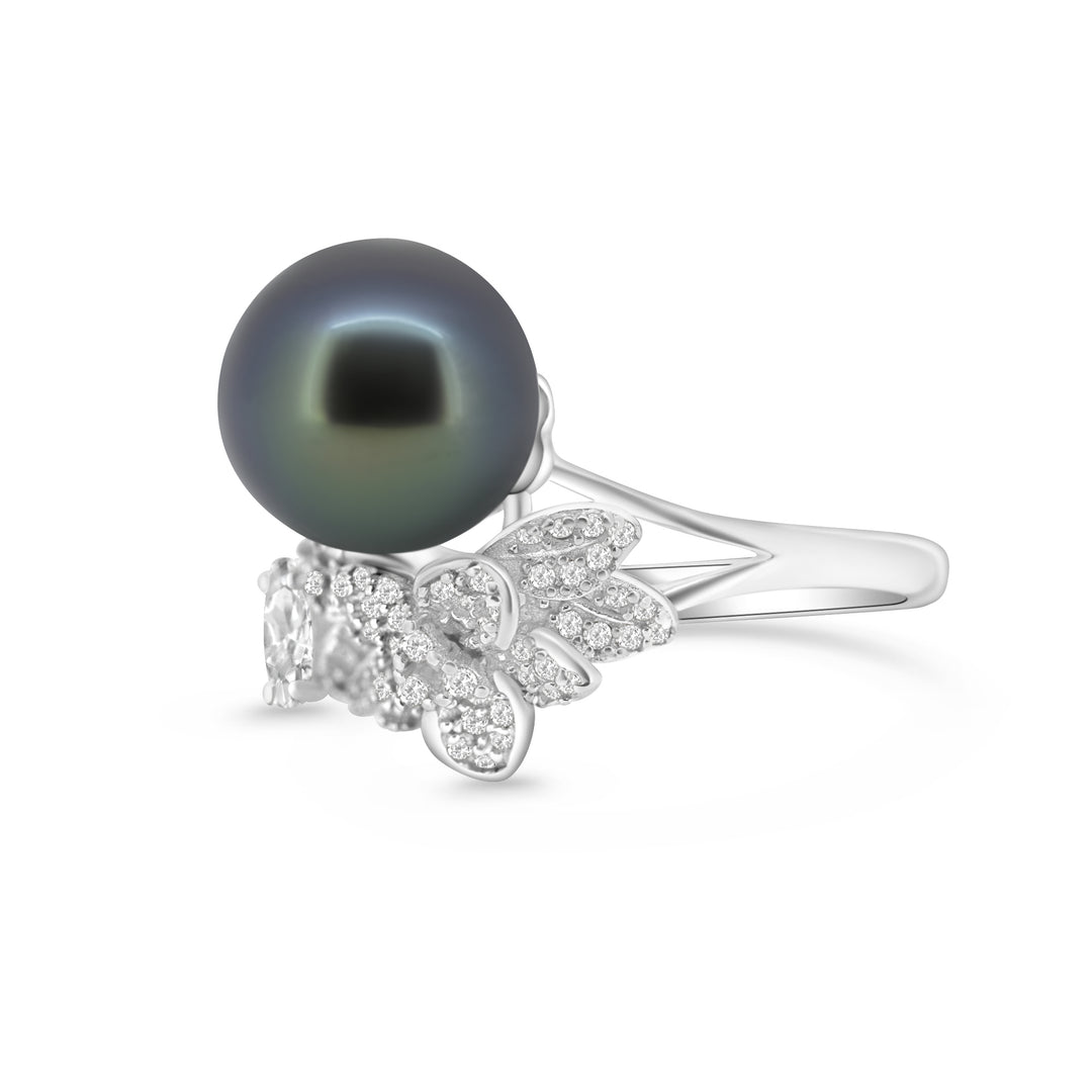 Dark Tahitian Pearl Ring in 925 Sterling Silver with Zirconia, Adjustable Size "Floral Party" . ref:SHM776 TH2