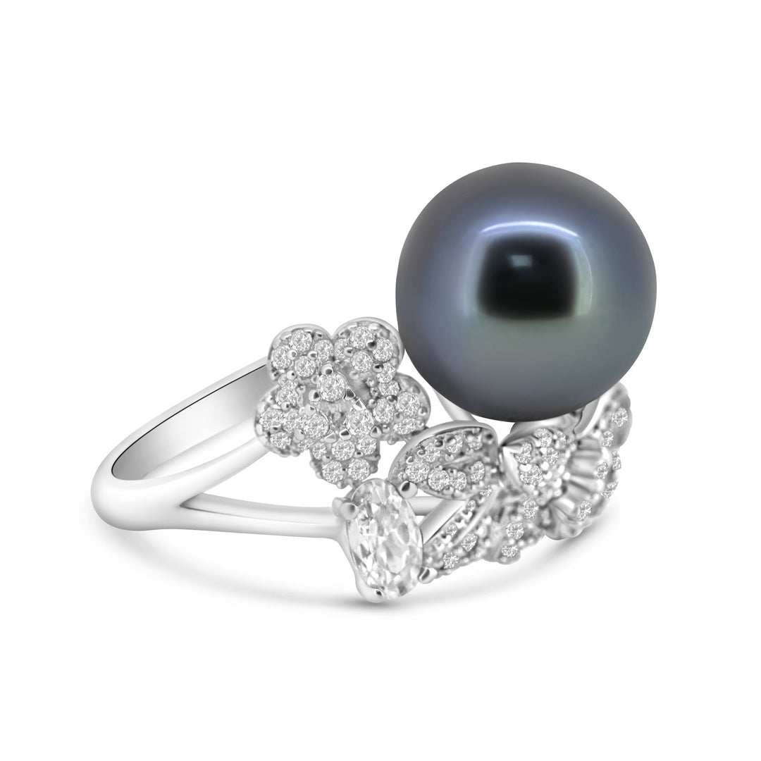 Dark Tahitian Pearl Ring in 925 Sterling Silver with Zirconia, Adjustable Size "Floral Party".