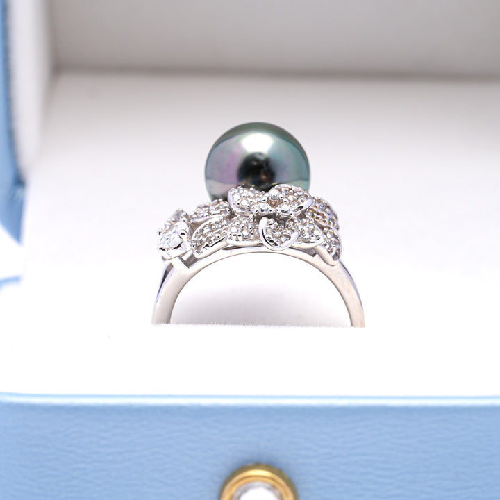 925 Silver Rhodium Tahitian Pearl Ring with 9mm Peacock Green Pearl. ref:SHM773 TH2