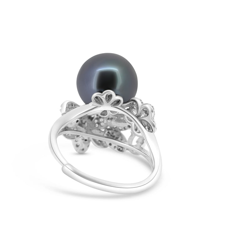 Dark Tahitian Pearl Ring in 925 Sterling Silver with Zirconia, Adjustable Size "Floral Party".