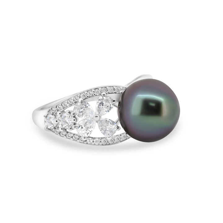 Stunning 11mm Green Tahitian Pearl Ring in 925 Silver with High Luster and Zirconia, "Butterfly II".