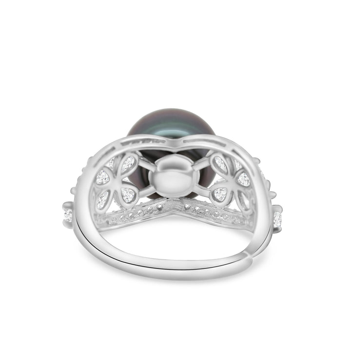 Stunning 11mm Green Tahitian Pearl Ring in 925 Silver with High Luster and Zirconia, "Butterfly II".