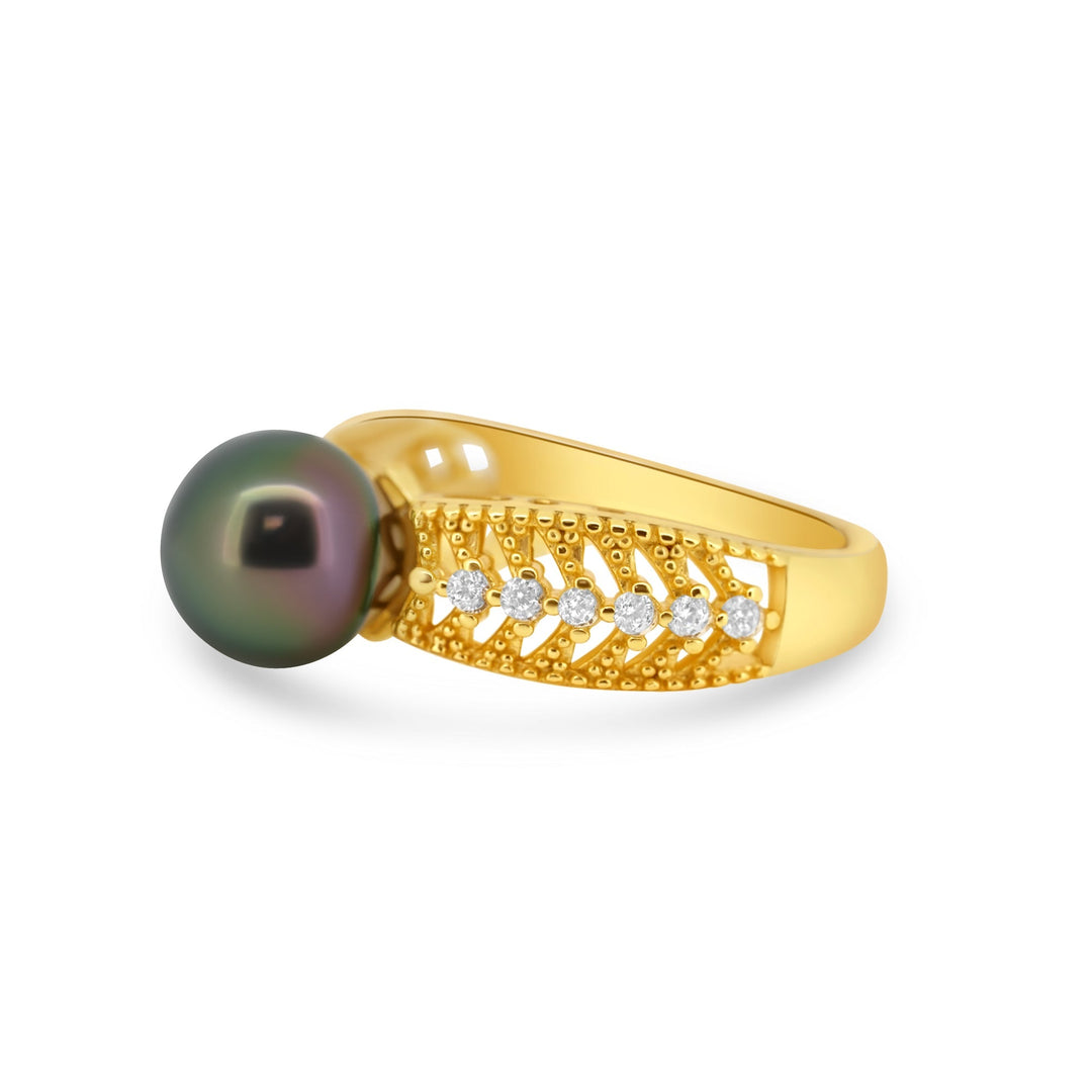 925 Sterling Silver Floral Tahitian Pearl Ring with Sparkling Zirconia Gems.