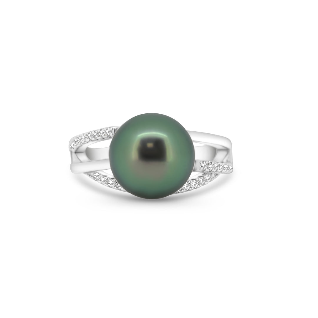 Genuine Green Tahitian Pearl Ring in 925 Sterling Silver with Zirconia, Adjustable Size. ref:SHM726 CMP1