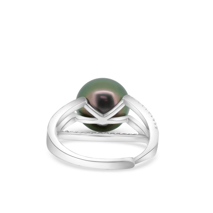 Genuine Green Tahitian Pearl Ring in 925 Sterling Silver with Zirconia, Adjustable Size. ref:SHM726 CMP1