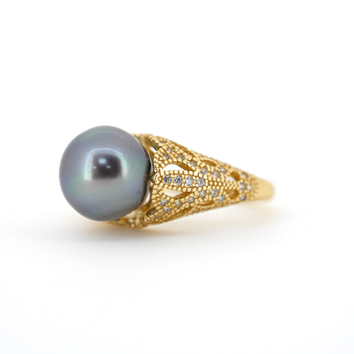 Artistic 925 Silver Tahitian Pearl Ring with 10.9mm Silver-Light Pearl & Zirconia. ref:SHM788 TH2