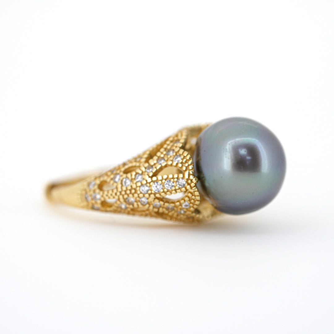 Artistic 925 Silver Tahitian Pearl Ring with 10.9mm Silver-Light Pearl & Zirconia. ref:SHM788 TH2