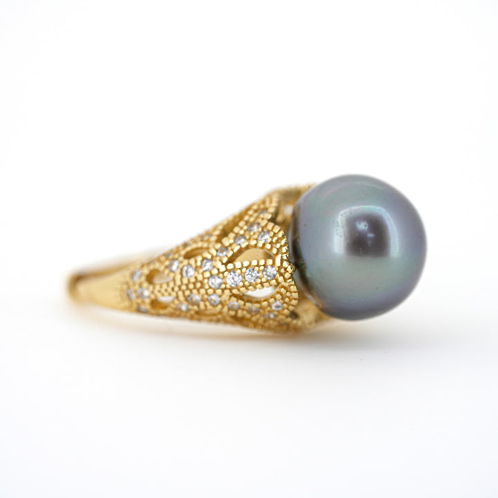 Artistic 925 Silver Tahitian Pearl Ring with 10.9mm Silver-Light Pearl & Zirconia. ref:SHM788 TH2