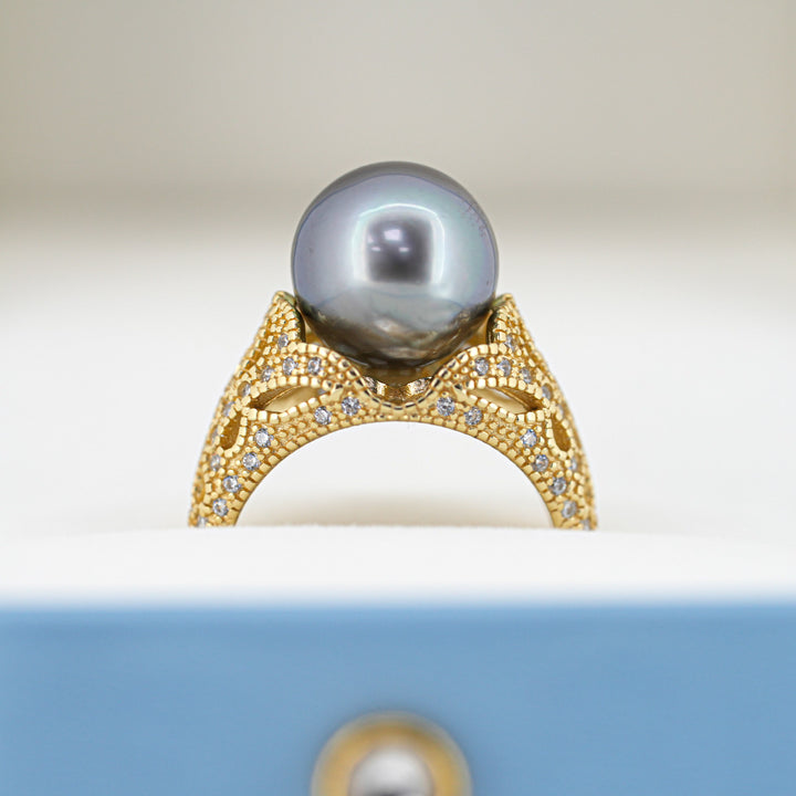 Artistic 925 Silver Tahitian Pearl Ring with 10.9mm Silver-Light Pearl & Zirconia. ref:SHM788 TH2