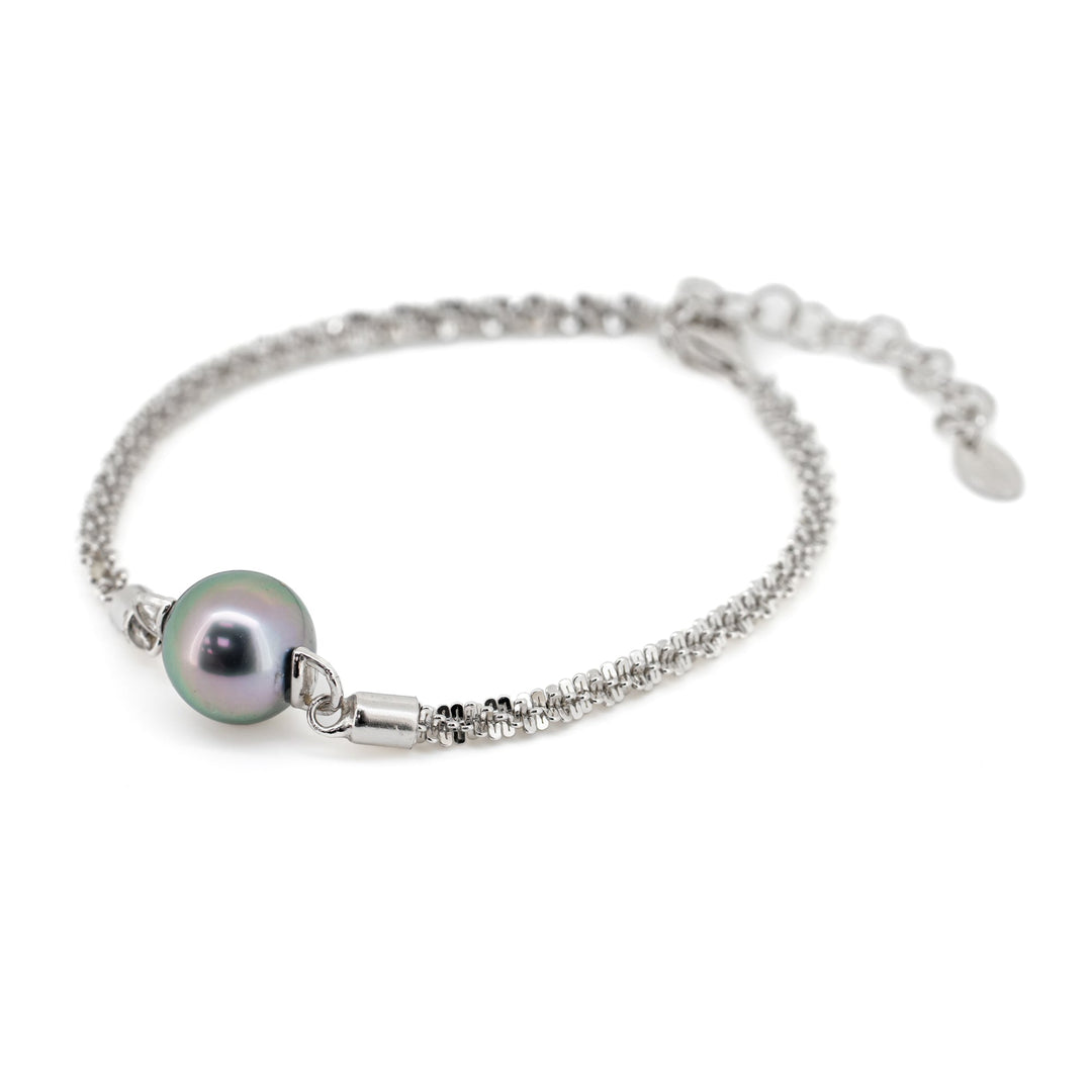 Elegant 10.7mm Green Tahitian Pearl Bracelet with Adjustable Silver Chain.