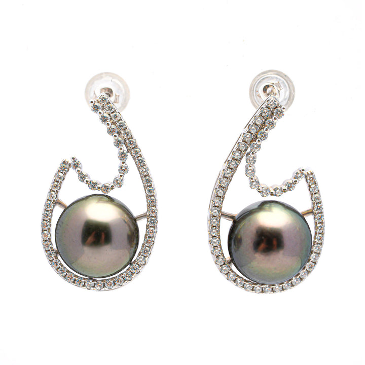 Elegant 10mm Green Tahitian Pearl Earrings in 925 Sterling Silver with Zirconia Accents. ref:SHM702