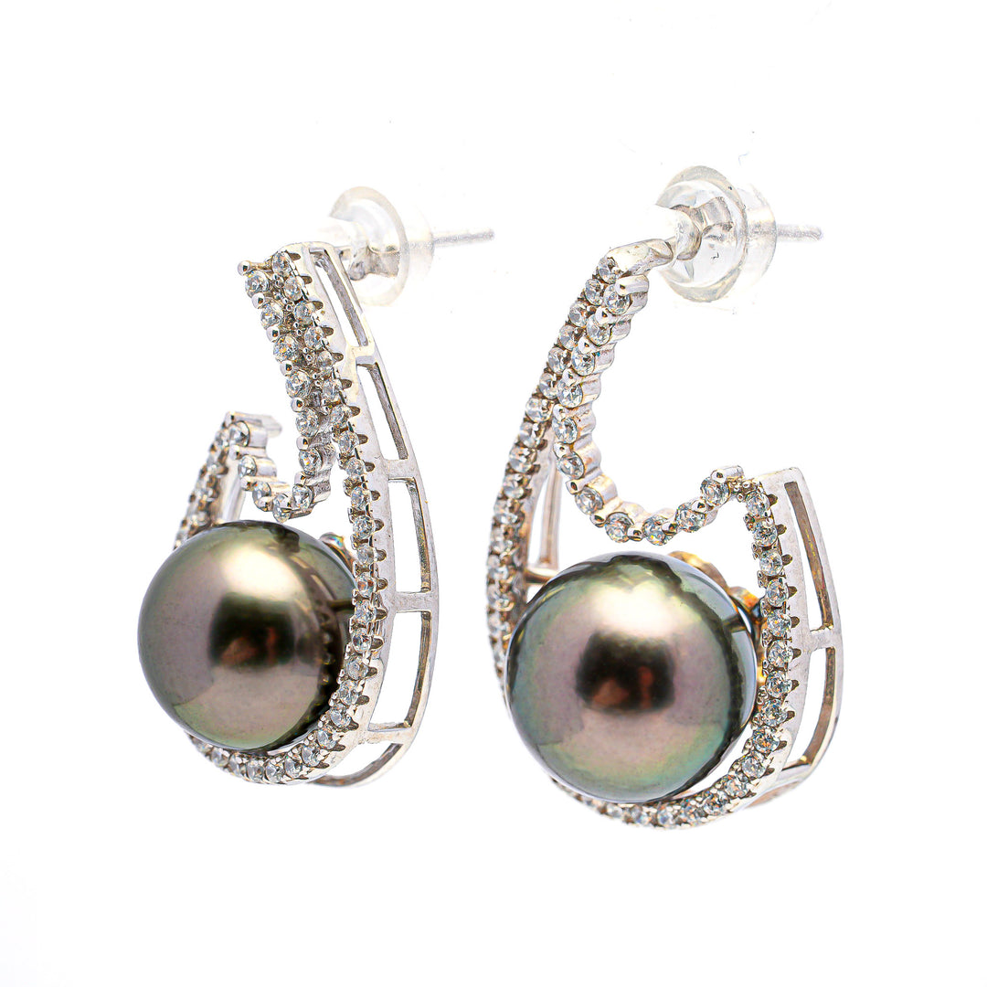 Elegant 10mm Green Tahitian Pearl Earrings in 925 Sterling Silver with Zirconia Accents. ref:SHM702