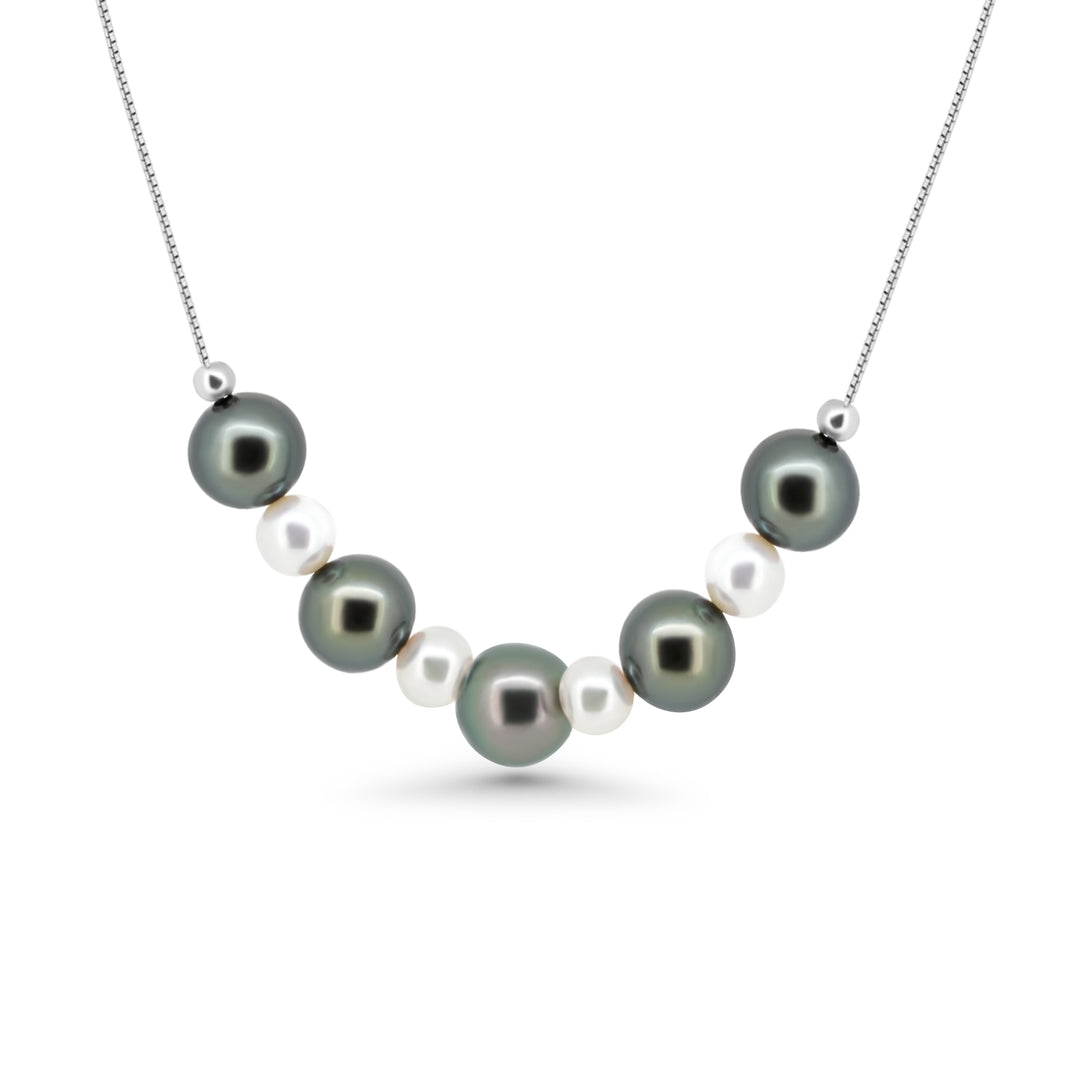 Silver Pearl Necklace with Dark Green & White Freshwater and Tahitian Pearls "Harmony". ref:SHM747 TH2