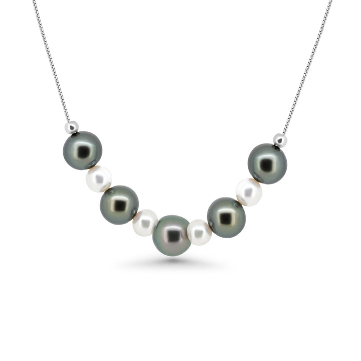 Silver Pearl Necklace with Dark Green & White Freshwater and Tahitian Pearls "Harmony".