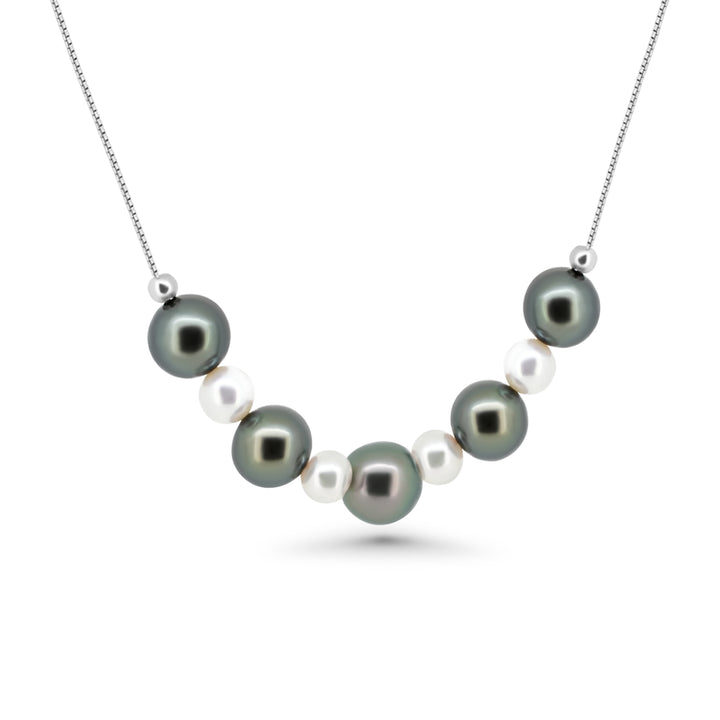 Silver Pearl Necklace with Dark Green & White Freshwater and Tahitian Pearls "Harmony". ref:SHM747 TH2