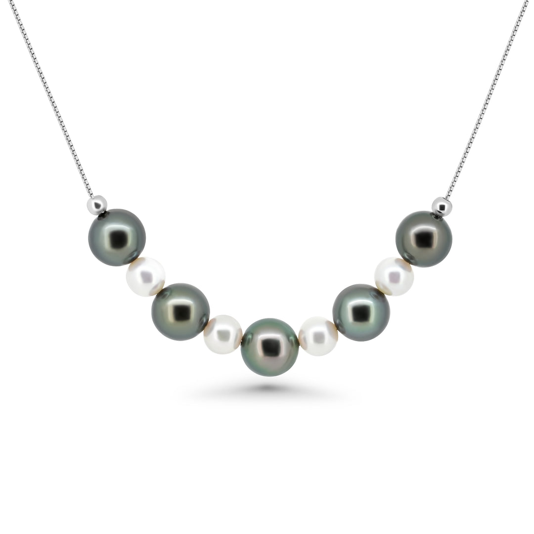 Silver Pearl Necklace with Dark Green & White Freshwater and Tahitian Pearls