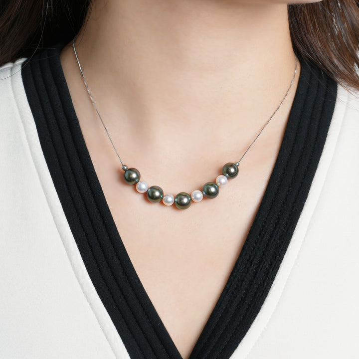 Silver Pearl Necklace with Dark Green & White Freshwater and Tahitian Pearls