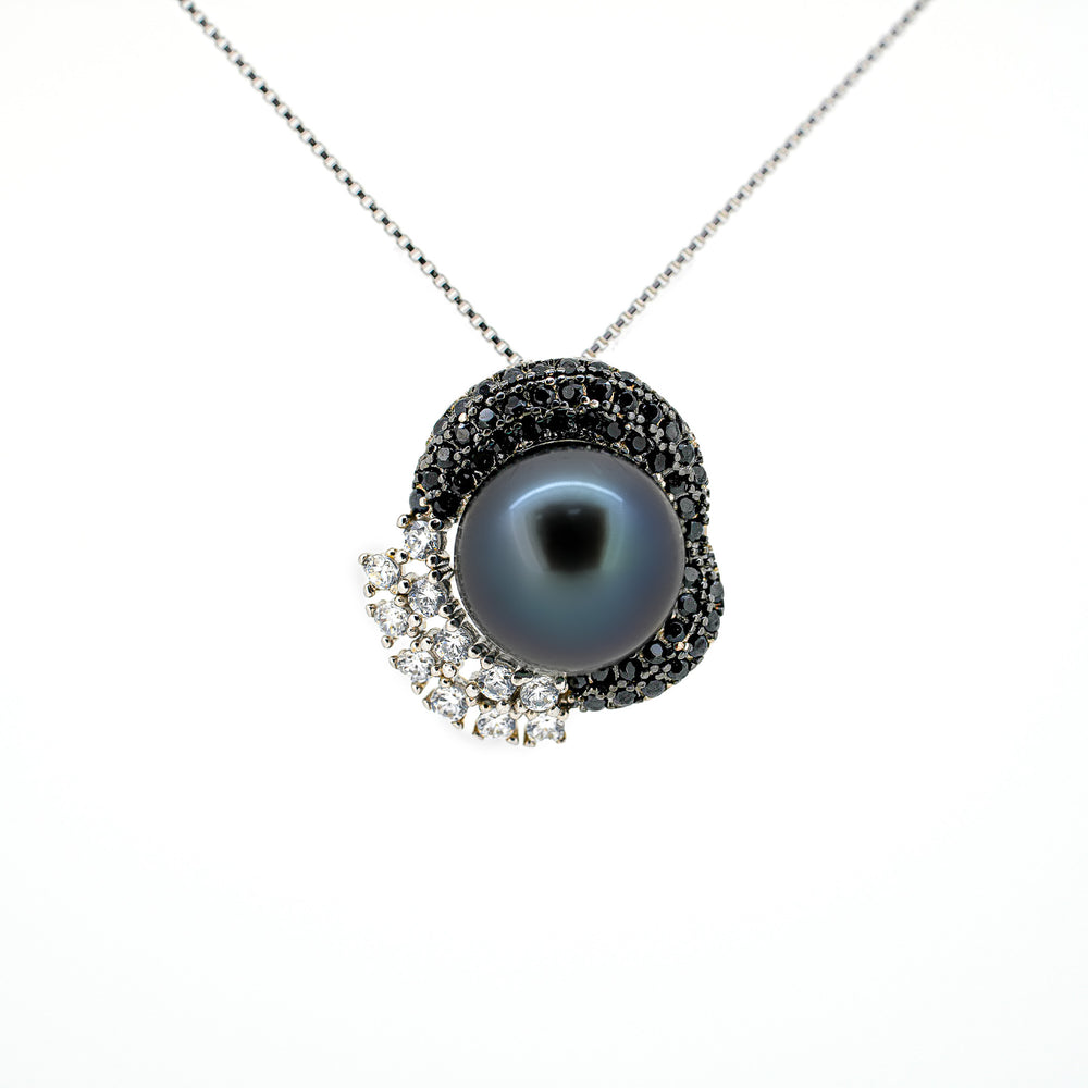 Silver Tahitian Pearl Necklace with Dark Purple,Blue Pearl, Zirconia Accents