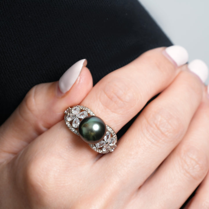 Sterling Silver Butterfly Ring with Genuine Tahitian Pearl