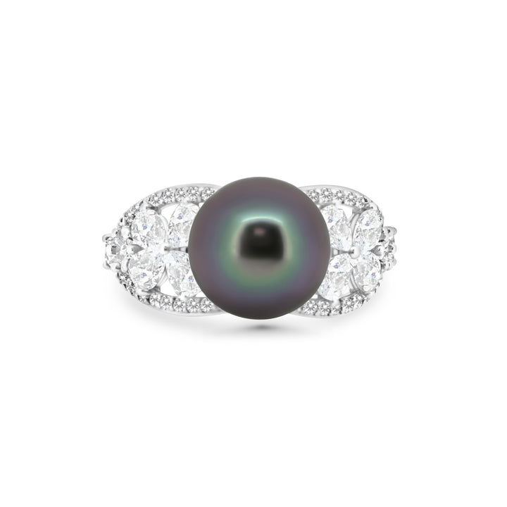 Stunning 11mm Green Tahitian Pearl Ring in 925 Silver with High Luster and Zirconia