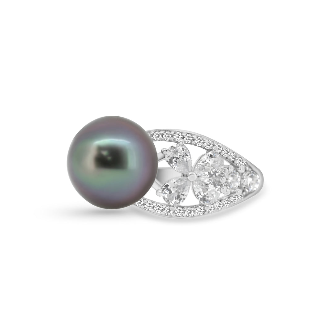 Stunning 11mm Green Tahitian Pearl Ring in 925 Silver with High Luster and Zirconia