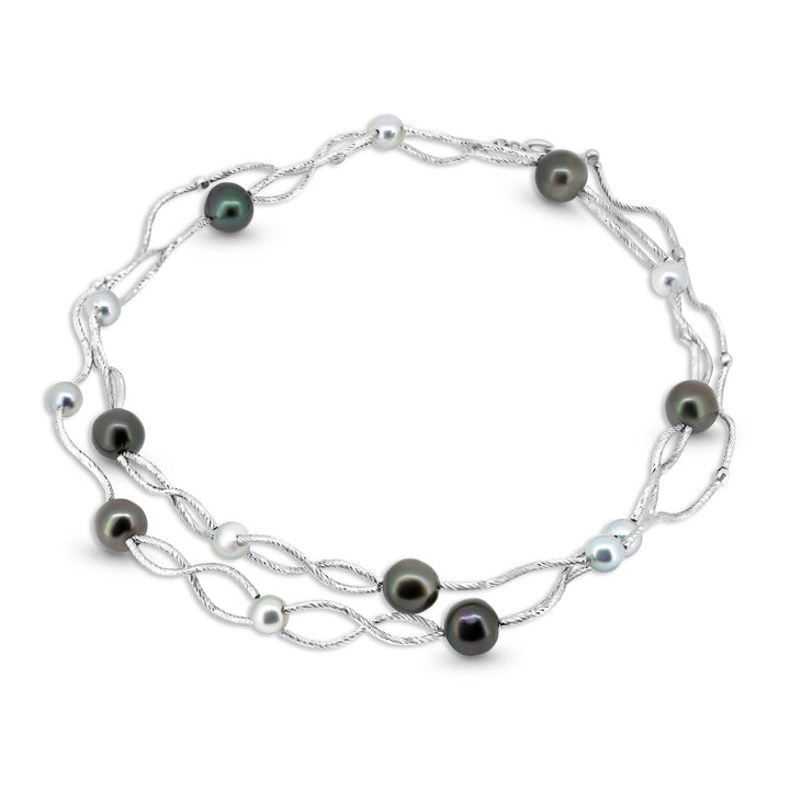 Stylish Tahitian Pearl Necklace with 7-11mm Mix Pearls on 925 Silver Rhodium Chain